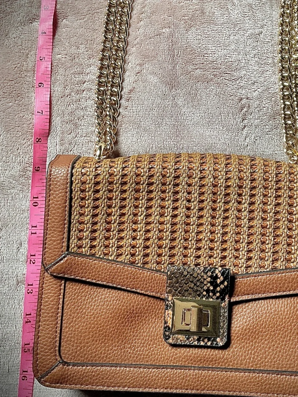 Steve Madden Throwback Turnkey Shoulder Chain Top Handle Pebble Faux Leather Tan